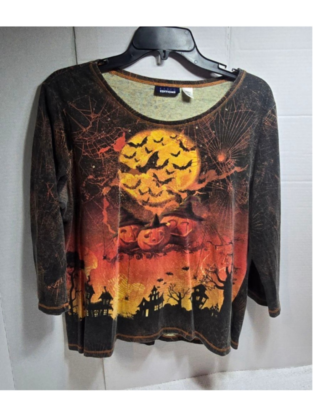 Women's Basic Editions Halloween Long Sleeve Tee L Black Orange